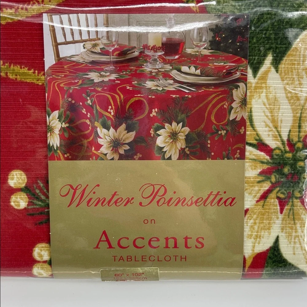 NEW Winter Poinsettia on Accents Red Holiday Print Tablecloth, Oblong 60